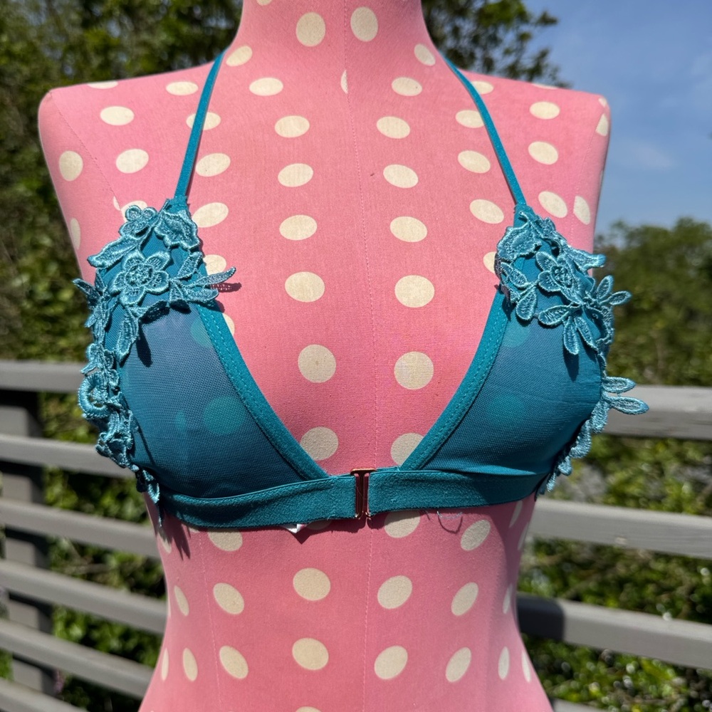 Teal Halter Bralette with Floral Lace